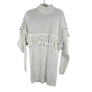 Vintage Cable Knit Fringe Sweater L Cream Tassel Neutral Retro Classic Chic 80s